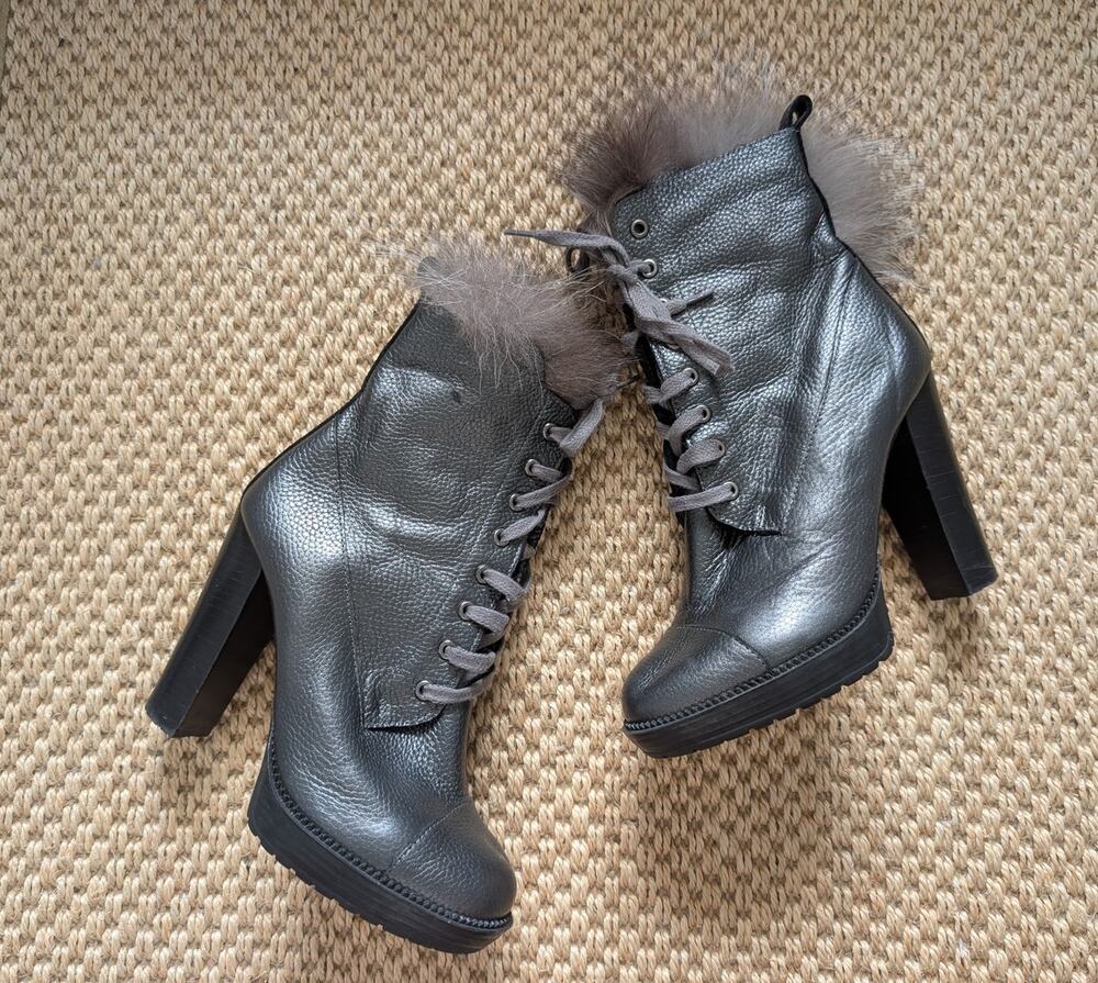 VINCI Melo Gray Leather Real Fox Fur Platform Heel Lace Up Boots Size 37/US 7